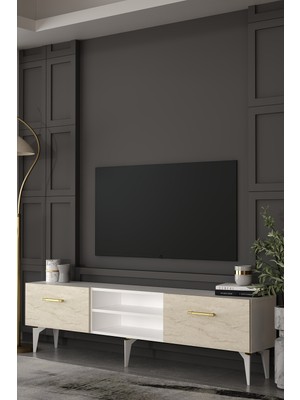 Dekortis Home Dekor 180DHDTSR2BTA Eros Tv Sehpası,ünitesi Beyaz-Traverten-Altın