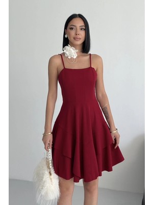Alfudo Moda Collection Ince Askılı Eteği Kat Detay Bordo Abiye Mezuniyet Elbisesi