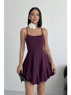 Alfudo Moda Collection Ince Askılı Eteği Kat Detay Mor Abiye Mezuniyet Elbisesi