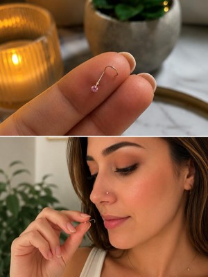 925 Ayar Gümüş Pembe Taşlı Sarı Burun Hızması L Tipi Minimal Unisex Nose Stud Piercing