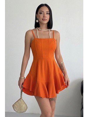 Alfudo Moda Collection Ince Askılı Eteği Kat Detay Turuncu Abiye Mezuniyet Elbisesi