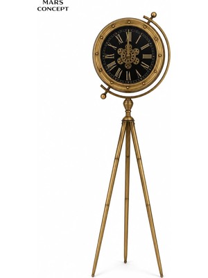 Mars Concept Eskitme Metal Çarklı Tripod Saat │eskitme Altın Modern Salon Yer Saati , 40 x 150 cm