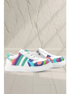 Rakerplus Tbons Özel Tasarım Hakiki Deri Beyaz Yeşil Bağcıklı Fermuarlı Çocuk Sneaker