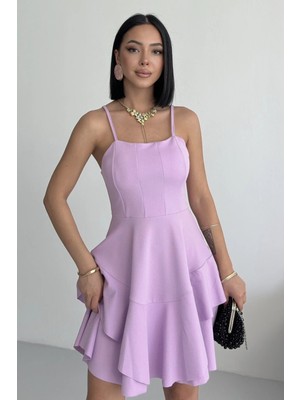 Alfudo Moda Collection Ince Askılı Eteği Kat Detay Lila Abiye Mezuniyet Elbisesi