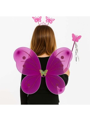AyrStore Fuşya Kelebek Kız Seti – 50 cm Kelebek Kanadı, Taç ve Asa