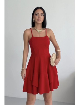 Alfudo Moda Collection Ince Askılı Eteği Kat Detay Kırmızı Abiye Mezuniyet Elbisesi
