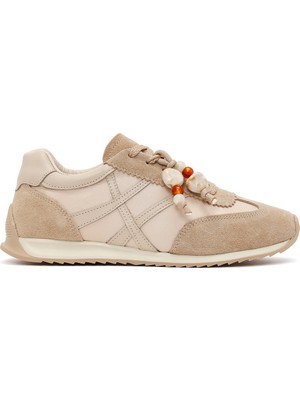 Derimod Kadın Bej Bağcıklı Charmlı Deri Sneaker 26SFD221414