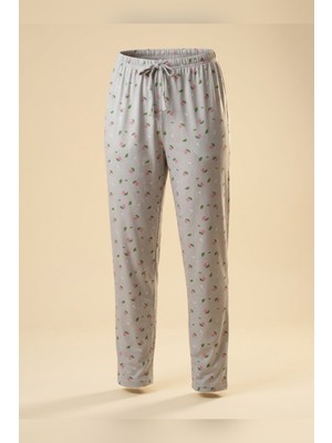 Büyük Beden Tek Alt Pijama Yumuşak Milan Kumaş Ipli Bel Gri Gül Çiçekli Loungewear Pantolon