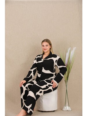 3D Sepetim Herşeytrend Büyük Beden Siyah Beyaz Desenli Düğmeli Uzun Kol Viskon Pijama Takımı