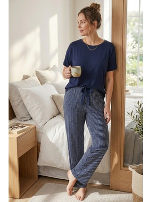 Kadın Büyük Beden Pamuklu Pijama Altı Lastikli Bel Rahat Kesim Battal Boy Soft Örme