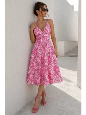 Madmext Pembe Desenli Dekolteli Midi Boy Elbise MG1537