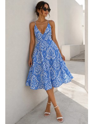 Madmext Mavi Desenli Dekolteli Midi Boy Elbise - MG1537
