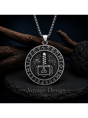 Voyage Accessory Paslanmaz Çelik Antik Gümüş Renk Rune Harf Detaylı Thor Çekici Mjölnir Viking Kolye