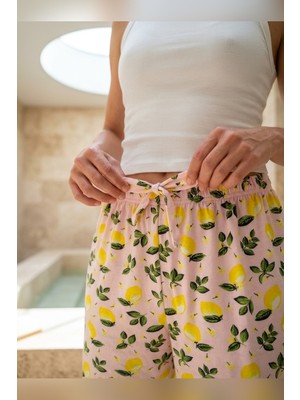 Büyük Beden Tek Alt Pijama Yumuşak Milan Kumaş Ipli Bel Sarı Limon Baskılı Tropikal Loungewear Pantolon