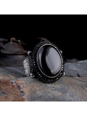 925 Ayar Gümüş Oval Onix Taşlı Model Erkek Yüzük