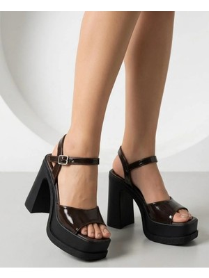 Asmi Shoes Kadın Tek Bantlı Kahverengi Rugan (12CM) Platformlu Topuklu Ayakkabı