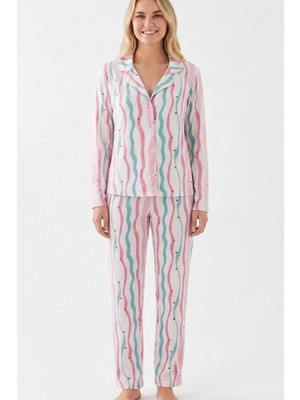 Çizgili Milano Örme Önden Düğmeli Gömlek Yaka Uzun Kollu Pijama Takımı