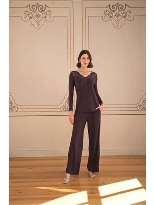 3D Sepetim Uzun Kollu ve Dantelli Pijama Takımı
