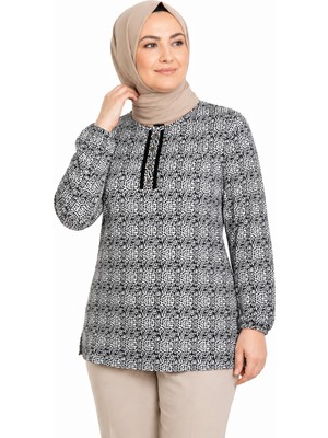 Mutlu City Kadın Yuvarlak Yaka Desenli Orta Yaş Anne Penye Bluz 6548