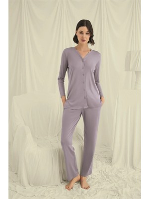 3D Sepetim Uzun Kollu Boydan Düğmeli V Yaka Pijama Takımı