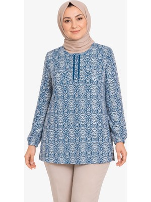 Mutlu City Kadın Yuvarlak Yaka Desenli Orta Yaş Anne Penye Bluz 6548