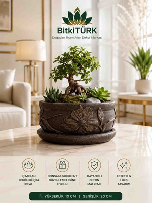 BitkiTÜRK Çiçek Motifli Beton Saksı ve Altlık Seti 20 cm – Banyo Organizeri, Dekoratif Düzenleyici, Çok Amaçlı Premium Tasarım