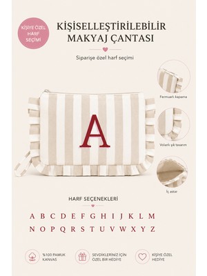 Beige & Stone Kişiye Özel Harf Detaylı Kahverengi Çizgili 17X29 cm Volanlı Clutch & Portföy Çanta Kadın El Çantası