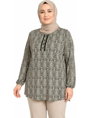 Mutlu City Kadın Yuvarlak Yaka Desenli Orta Yaş Anne Penye Bluz 6548