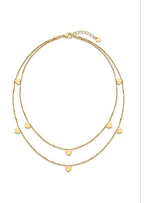 Singularis Premium Gold Çift Sıra Italyan Yılan Zincirli Sıralı Kalp Model Kadın Bijuteri Kolye