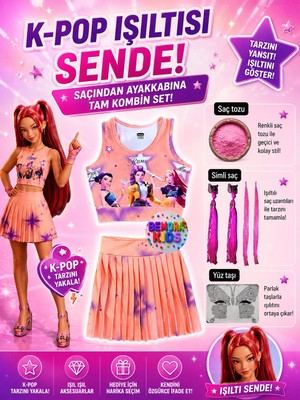 Bemora Kids Kpop Huntrix Pembe Etek Bluz Alt Üst 2 Li Takım Şort Etek + Kpop Huntrix Mira Pembe Simli Saç + Yüz Taşı + Pembe Saç Tozu Seti