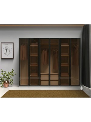 dolapmodellericom Füme Cam Gardrop 6 Kapılı Içi Komple Mdf Bol Raflı