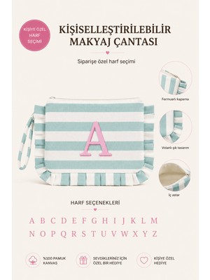 Beige & Stone Kişiye Özel Harf Detaylı Mavi Çizgili 17X29 cm Volanlı Clutch & Portföy Çanta Kadın El Çantası