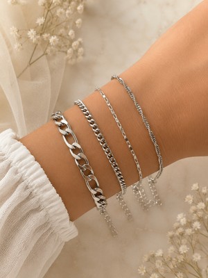 Adata Jewelry Celik 4lü Kadın / Erkek Bileklik Kombin Gümüş Renk