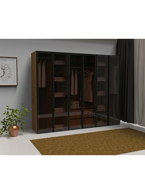dolapmodellericom Füme Cam Gardrop 6 Kapılı Içi Komple Mdf Bol Raflı
