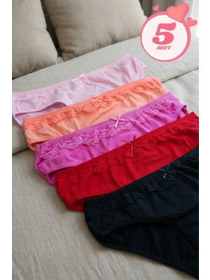 Kadın 5'li Paket Dantel Detaylı Pamuklu Bikini Külot Esnek Iz Yapmaz Yumuşak Iç Çamaşırı