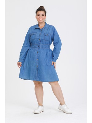 Gül Moda Büyük Beden Düğmeli Kot Elbise Lacivert G089-1