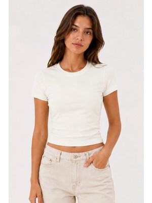 Kadın Ekru %100 Pamuk Baby Tee (Dar Kalıp) Bisiklet Yaka Kısa Kollu Crop Tişört