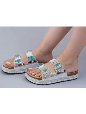Bags Shoes Guja 25y103 Kadın Yüksek Mantar Taban Taşlı Çift Bant Terlik