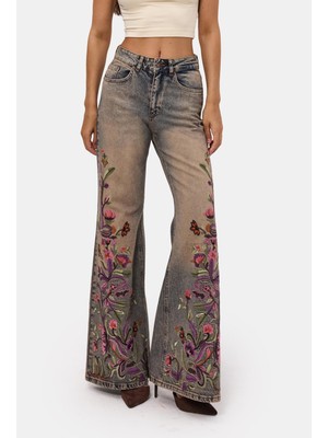 It's Basic Kadın T.Kot Rengi 4w6-85 Flare Fit Nakış Tasarım Denim Jean