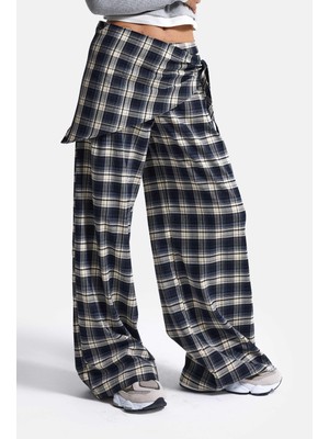 It's Basic Kadın Laci Ekose w6-56 Palazzo Fit Etek Detaylı Tasarım Pantolon