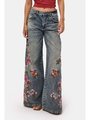 It's Basic Kadın Tint 4w6-8 Palazzo Fit Özel Çiçek Nakış Tasarım Denim Jean