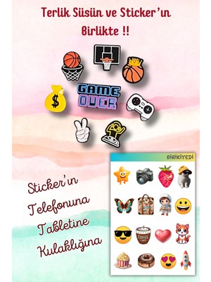 Birikiyedi Jibbitz Terlik Süsü 8'li Set Delikli Terliklerle Uyumlu/pota,basketbol,yes,game Over
