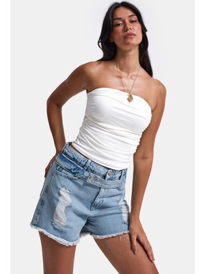 It's Basic Kadın Kot Rengi 11s6-3 Relax Mom Kemer Detaylı Tasarım Denim Şort