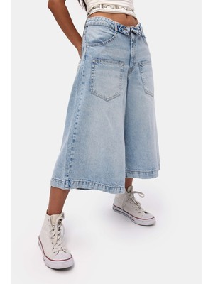 It's Basic Kadın Mavi 4s6-3 Süper Baggy Fit Kemer Detaylı Maxi Boy Denim Jort