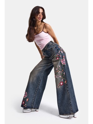 It's Basic Kadın Kot Rengi 4w6-85 Palazzo Fit Renkli Nakış Özel Tasarım Denim Jean
