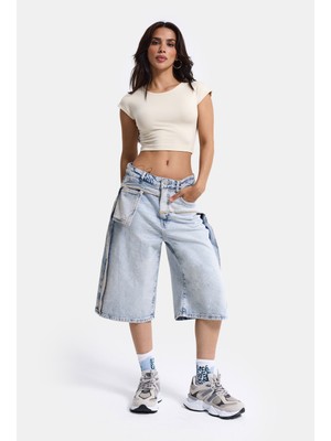 It's Basic Kadın Ice 4s6-3 Maxi Baggy Bermuda Tasarım Denim Jort