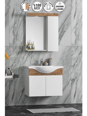 Özceden Yıldız 55 cm Beyaz-Atlantik Çam Mdf Seramik Lavabolu Asma Banyo Dolabı Takımı