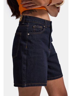 It's Basic Kadın İndigo Selvedge Diana 7s6-50 Relax Mom Fit Denim Şort