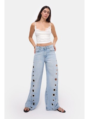 It's Basic Kadın Ice 4s6-3 Palazzo Fit Kuş Gözü Detaylı Tasarım Denim Jean