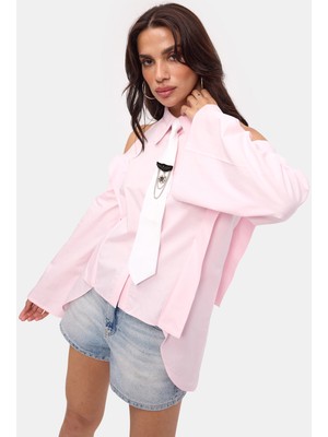 It's Basic Kadın Pembe Oversize Kravatlı Özel Tasarım Gömlek